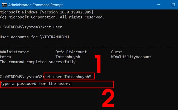 Nhập tiếp lệnh net user USERNAME* rồi nhấn Enter