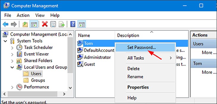 Bạn click chuột phải vào người dùng rồi chọn Set Password