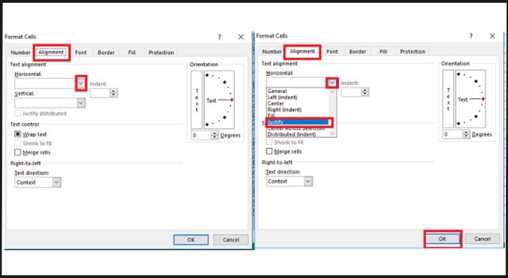 Để kết thúc, người dùng chọn Justify và OK