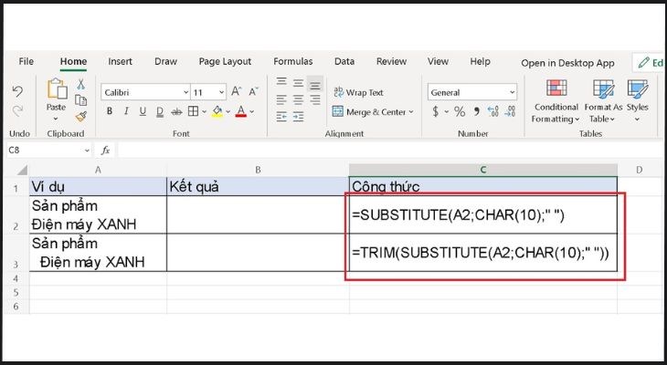 Người dùng có 2 cách để xuống dòng nhờ hàm SUBSTITUTE