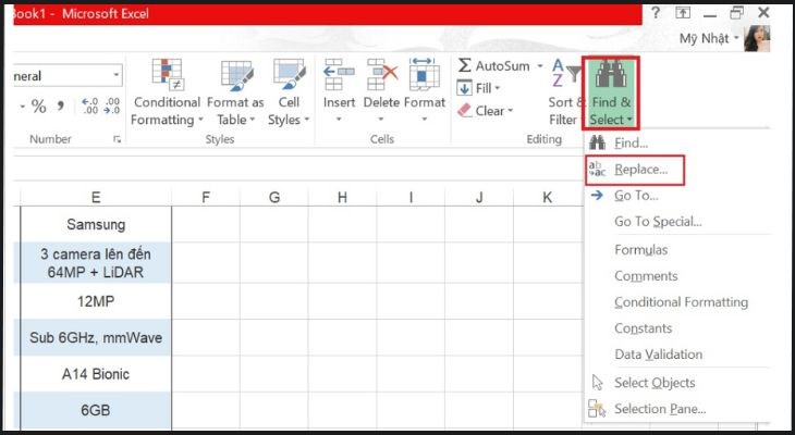 Người dùng nhấn chọn Replace... trên thanh công cụ