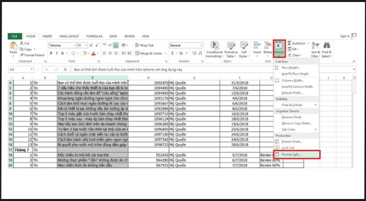 Để mở Format Cells, người dùng chọn Format trên thanh công cụ