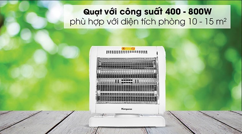 Quạt sưởi halogen Kangaroo KG1018C hoạt động với công suất từ 400 - 800W phù hợp với không gian phòng khách, phòng ngủ 