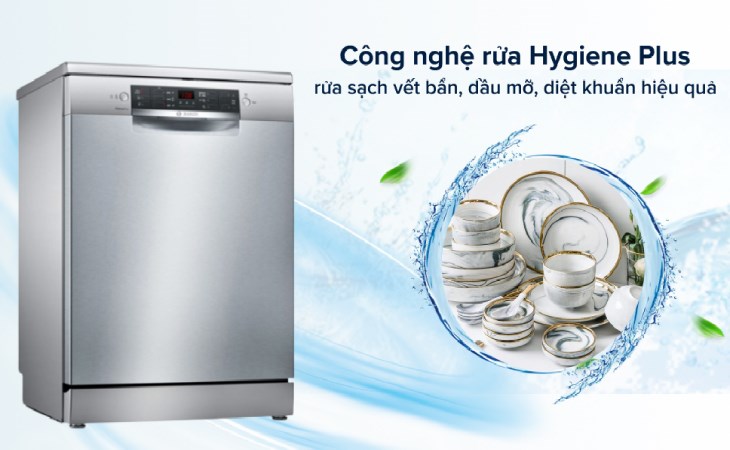 Máy rửa chén độc lập Bosch SMS46GI01P TGB công nghệ rửa diệt khuẩn Hygiene Plus giúp rửa sạch vết bẩn, dầu mỡ hiệu quả