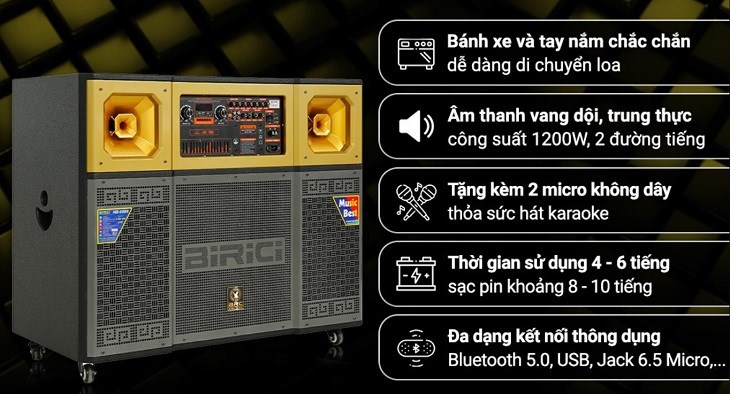 Loa kéo karaoke Birici NB-6889 1200W thuộc dòng loa kéo, có giá chưa đến 12.5 triệu đồng (cập nhật tháng 6/20230)