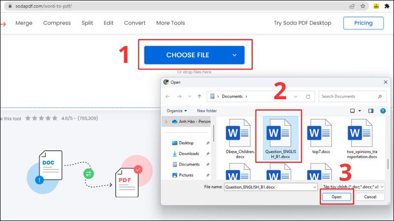 Chọn Choose File để upload file word từ máy tính, chọn File và nhấn Open