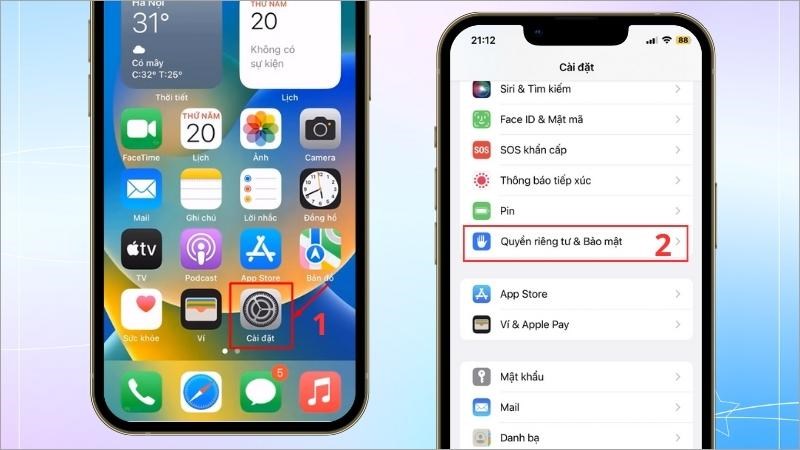Vào Cài đặt > Lướt xuống dưới chọn Quyền riêng tư và bảo mật Vào Cài đặt > Lướt xuống dưới chọn Quyền riêng tư và bảo mật