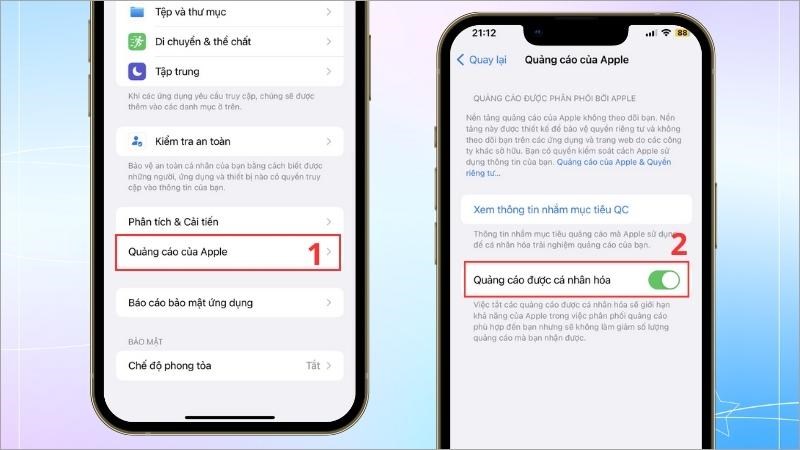 Chọn Quảng cáo của Apple > Bật Quảng cáo được cá nhân hóa Chọn Quảng cáo của Apple > Bật Quảng cáo được cá nhân hóa