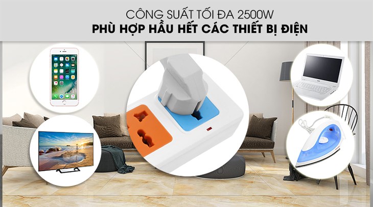 Ổ cắm điện Comet 4 lỗ 5m CES10405 có công suất tối đa 2500W, phù hợp với hầu hết các thiết bị điện tử trong nhà