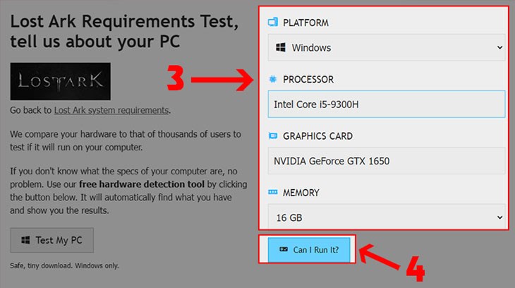 Nhập đầy đủ thông số cấu hình của máy và chọn Can I Run It