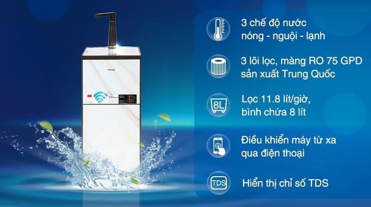 Máy lọc nước RO nóng nguội lạnh Toshiba TWP-W1905SV(MB) 3 lõi trang bị lõi RO 75 GPD giúp loại bỏ 99.9% vi khuẩn, virus, kim loại nặng