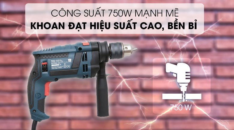 Máy khoan động lực điện Bosch GSB 16 RE 750W có công suất mạnh mẽ 750 W, giúp bạn nâng cao hiệu suất làm việc