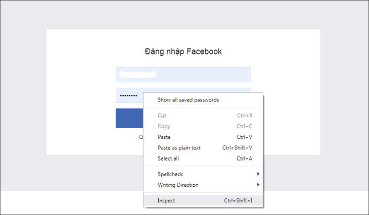 Để coi mật khẩu đăng nhập tiếp tục lưu bên trên Chrome, các bạn lựa chọn mệnh lệnh Inspect Element