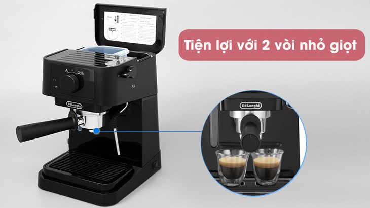 Máy pha cà phê Delonghi EC230.BK với thiết kế 2 vòi cho ra 2 ly cùng lúc, tiện lợi pha cà phê cho nhiều người