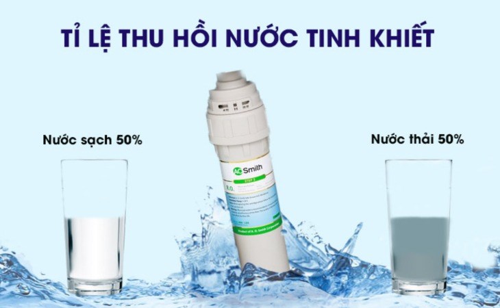 Máy lọc nước RO AOSmith C2 4 lõi có tỷ lệ lọc - thải 50:50, giúp thu hồi 50% nước tinh khiết