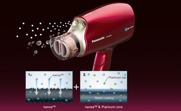 Máy sấy tóc 1600W Panasonic EH-NA45RP645 có 1 đầu phun Nanoe, 1 đầu phun Platinum ion bổ sung ion Nanoe có khả năng giữ ẩm cao gấp 1000 lần
