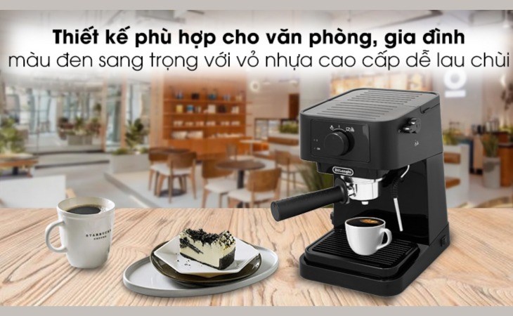 Máy pha cà phê Delonghi EC230.BK có thiết kế tinh gọn, giúp người dùng dễ vệ sinh sau khi sử dụng