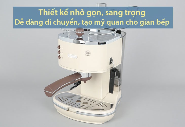 Máy pha cà phê có kích thước nhỏ gọn, giúp người dùng dễ dàng di chuyển vị trí khi cần thiết