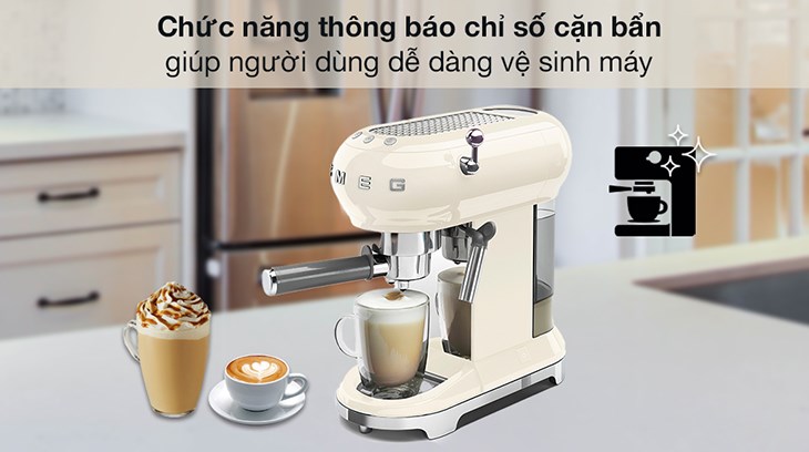 Máy pha cà phê Smeg ECF01CREU (535.43.655) có chức năng thông báo các chỉ số về cặn bẩn tiện lợi