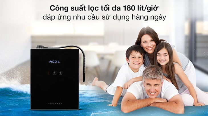 Máy lọc nước ion kiềm IonFarms Alpha-1700 2 lõi 7 tấm điện cực có công suất lọc tối đa 180 lít/giờ đáp ứng nhu cầu sử dụng nước hàng ngày của gia đình