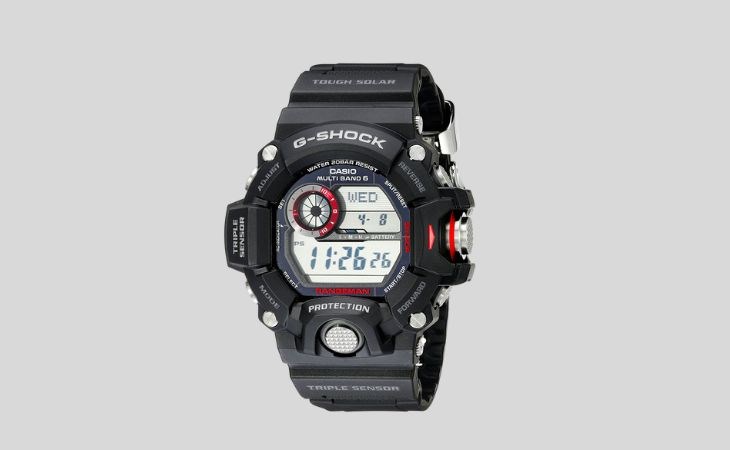 Đồng hồ G-Shock 53.5 mm Nam GW-9400-1DR có nhiều chức năng tiện ích như báo thức, la bàn số, hiển thị thời gian mặt trời mọc - lặn, nhiệt độ...
