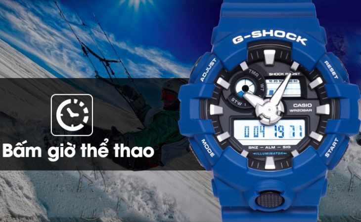 Đồng hồ G-SHOCK 52.5 mm Nam GA-700-2ADR với thiết kế màu xanh độc đáo và khả năng bấm giờ chính xác lên tới 1/100 giây