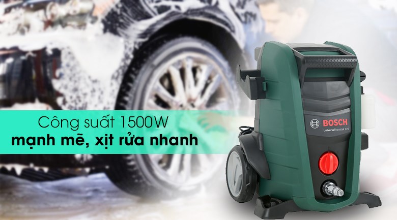 Công suất 1500 W mạnh mẽ trên Máy phun xịt rửa áp lực cao Bosch Universal AQT 125 1500W giúp xịt rửa nhanh chóng