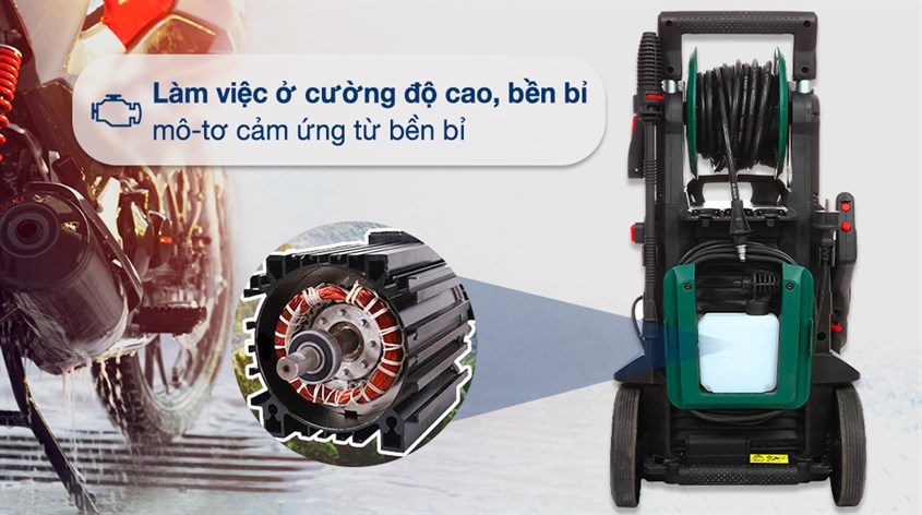 Máy phun xịt rửa áp lực cao Bosch Aquatak 140 2100W trang bị mô-tơ cảm ứng từ có khả năng làm việc liên tục ở cường độ cao