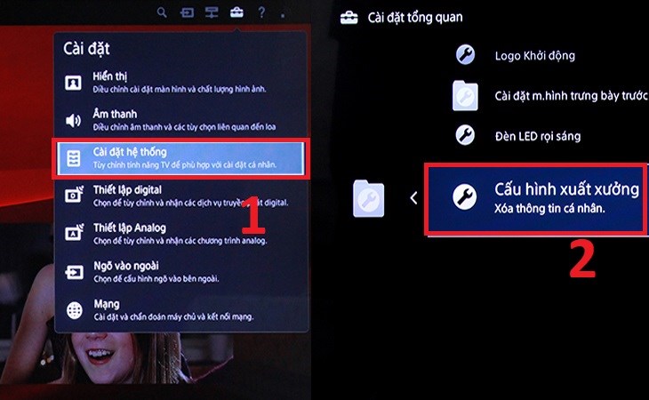 Bước 2: Truy cập vào phần Cài đặt tổng quan và nhấn chọn Cài đặt hệ thống > chọn Cấu hình xuất xưởng > chọn Đồng ý để thực hiện việc reset tivi Sony