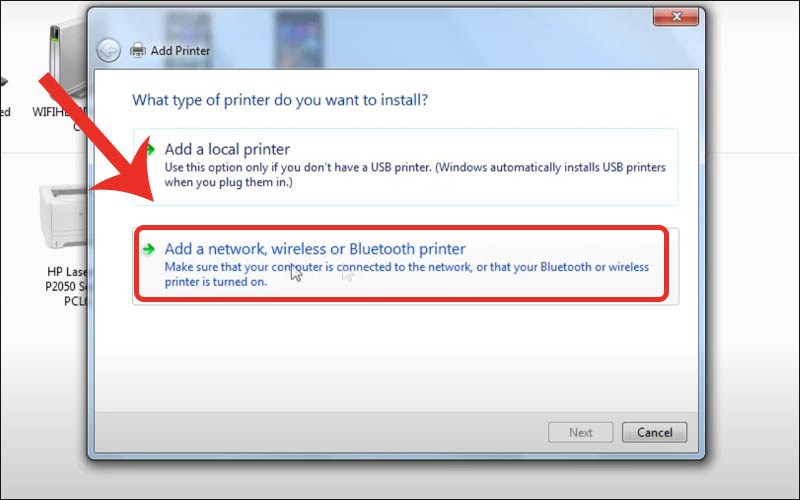 Tiếp tục bấm vào Add a network, wireless or Bluetooth printer trong mục Add a printer