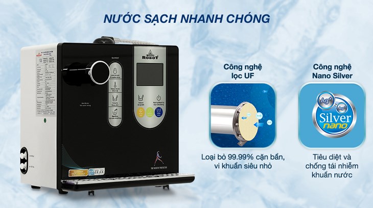 Máy lọc nước điện giải ion kiềm nóng nguội Robot IonSmart 38X 2 lõi 3 tấm điện cực sử dụng màng lọc UF có thể loại bỏ 99.99% chất bẩn, vi khuẩn siêu nhỏ đến 0.03micromet