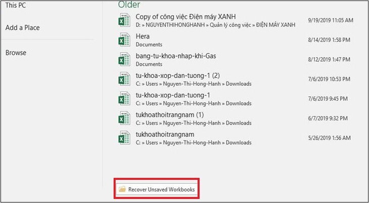 Bạn nhấp vào Recover Unsaved Workbooks ở cuối màn hình