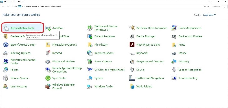 bạn chọn administrative tools trên hộp thoại