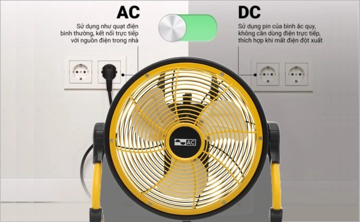 Quạt sạc điện AC 3 cánh ARF01D113 hoạt động bằng cách kết nối với nguồn điện trực tiếp hoặc dùng pin, tiện lợi khi sử dụng