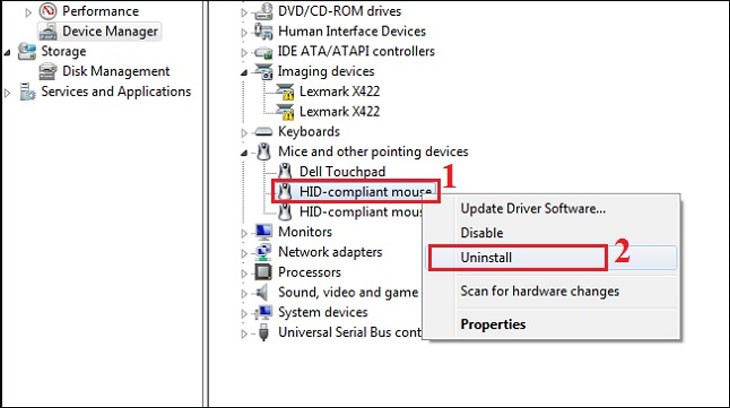 Nhấp chuột phải vào driver chuột cần gỡ và chọn Uninstall device