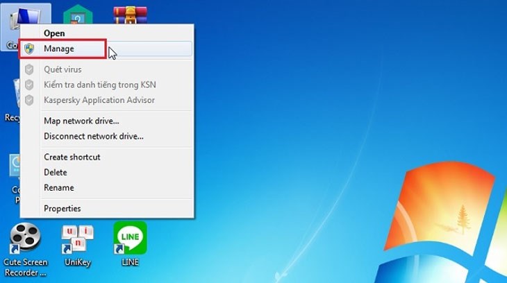 Vào biểu tượng My Computer > chọn Manage