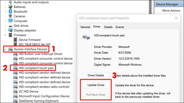 Vào driver touchpad và chọn Properties > Update Driver