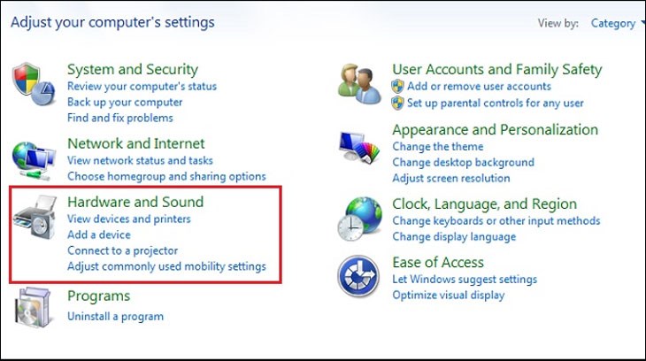 Chọn mục Hardware and Sound