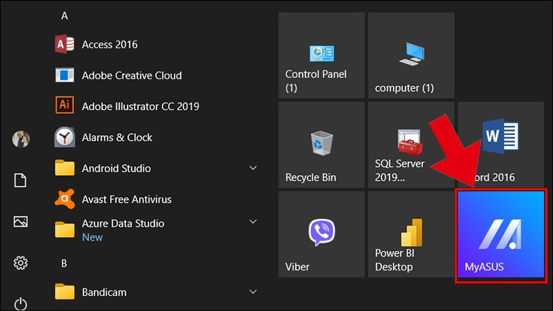 Bạn truy cập ứng dụng MyASUS tại menu Windows Start