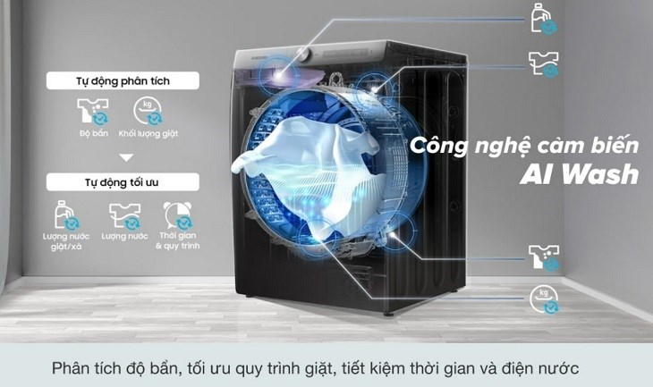 Máy giặt Samsung AI AddWash Inverter 12kg WW12TP94DSB/SV trang bị cảm biến AI Wash có khả năng tối ưu được lượng nước giặt xả phù hợp với vết bẩn cần loại bỏ