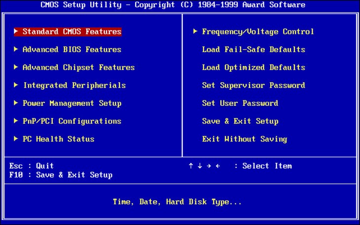 Giao diện của menu BIOS trên máy tính