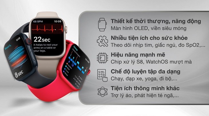 Đồng hồ thông minh Apple Watch S8 LTE 41mm sở hữu thiết kế sang trọng, thời thượng, tích hợp tính năng eSIM tiện lợi