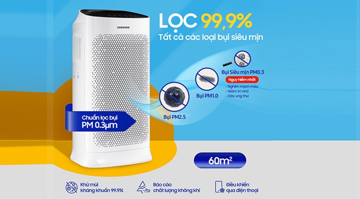 Máy lọc không khí Samsung AX60R5080WD/SV 60W được trang bị hệ thống 3 màng lọc có khả năng xử lý tốt bụi bẩn, phấn hoa, lông thú cưng, mang đến không gian sạch thoáng