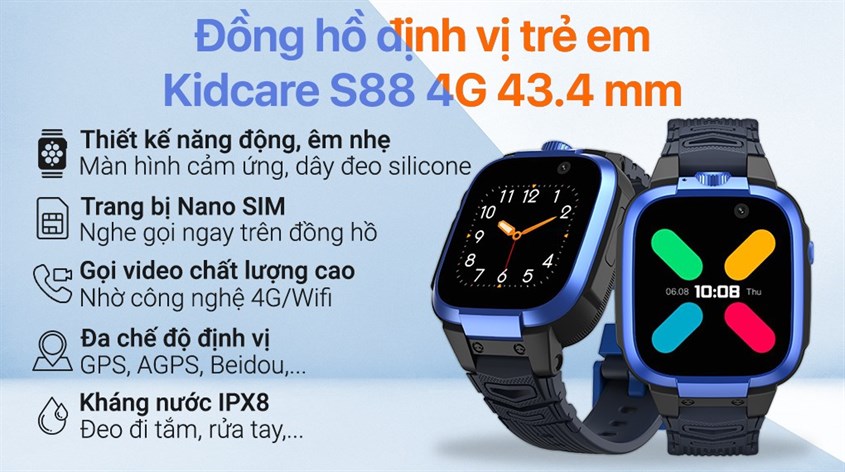 Đồng hồ định vị trẻ em Kidcare S88 4G hỗ trợ Nano SIM giúp bạn nghe gọi trực tiếp với trẻ