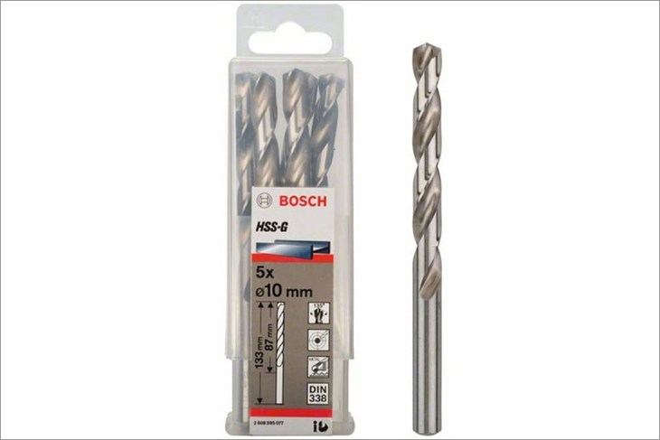 Mũi khoan sắt Bosch HSS-G 10 mm (hộp 5 mũi) có thể khoan các vật liệu như: sắt, thép hợp kim, kim loại,...