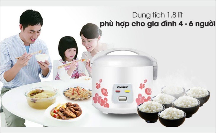 Nồi cơm điện nắp gài Comfee 1.8 lít CR-CM1820(C) có dung tích 1.8 lít, phục vụ tốt cho gia đình từ 4 - 6 người