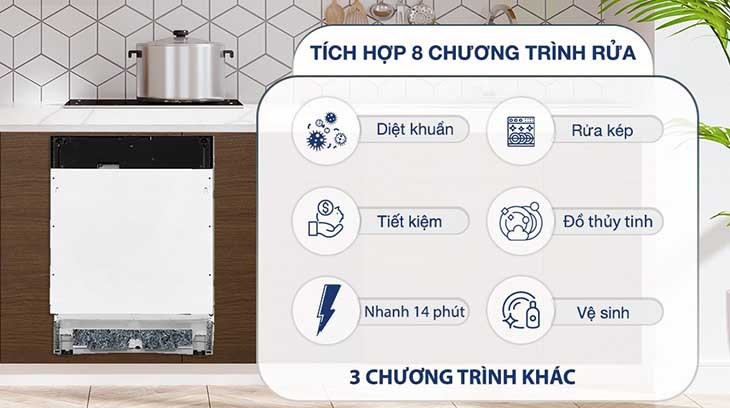 Máy rửa chén âm tủ Hafele HDW-FI60D (533.23.320) trang bị 8 chương trình rửa, trong đó có rửa diệt khuẩn an toàn