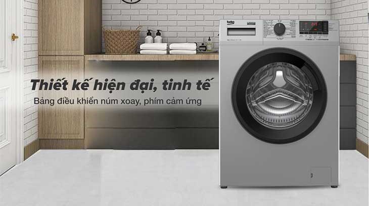 Máy giặt Beko sở hữu thiết kế sang trọng, hiện đại với bảng điều khiển núm xoay và phím cảm ứng