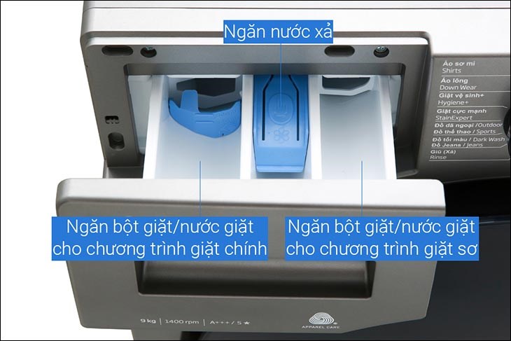 Thêm bột giặt và nước xả vải vào khay