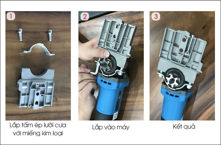 Lắp tấm ép lưỡi cưa với miếng kim loại và siết chặt lại để tạo ra khung đỡ lưỡi cưa 